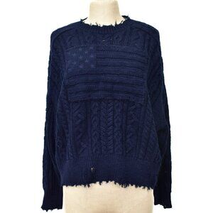 Denimist Navy Oversized Distressed Crop Flag Sweater, NWT